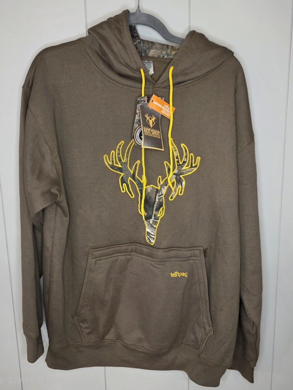 Men's Brown Hooded Sweatshirt with Yellow Deer Graphic Tech Pocket Sz Med Nwt